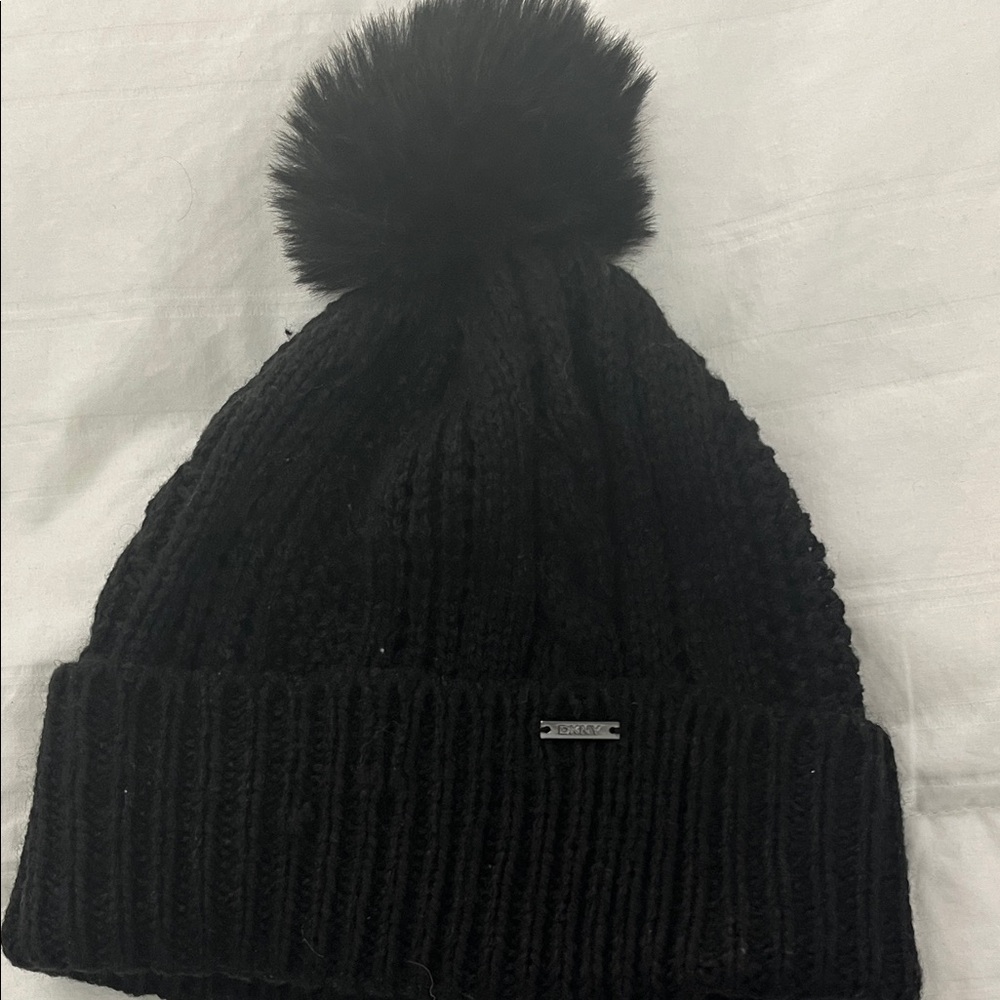 DKNY Black Knit Hat with Pom Pom
